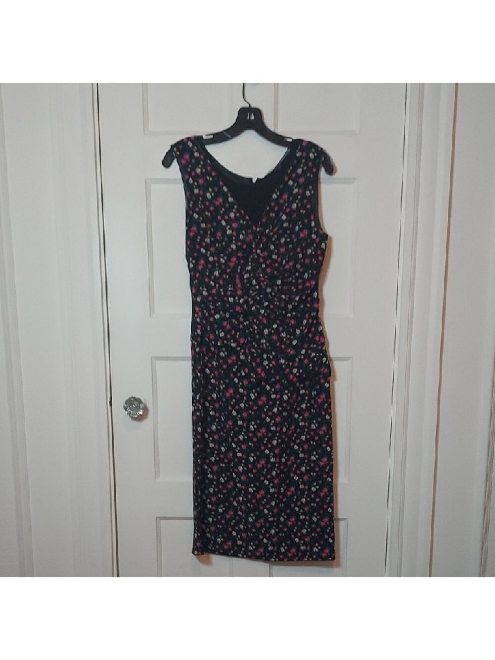 Nina Ricci Black Midi Sheath Dress with Pink and White Floral Print 100% Silk 38